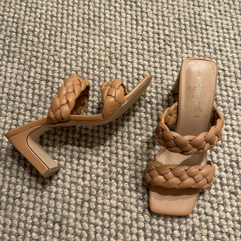Women’s BCBGeneration braided, heeled, sandals, tan, 6.5